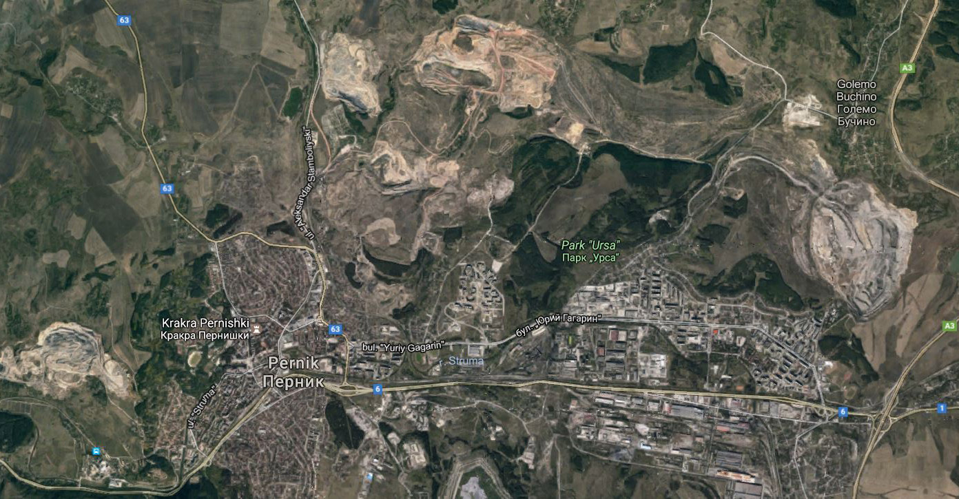 A satellite image of Pernik. The lignite mining pits are almost as big as the town itself.