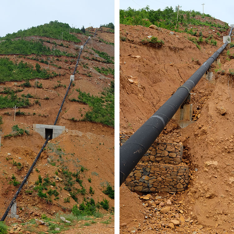 Two images of a hill with a water pipe of the Ternove hydropower project. They show how the construction is completely inadequate to avoid landslides.