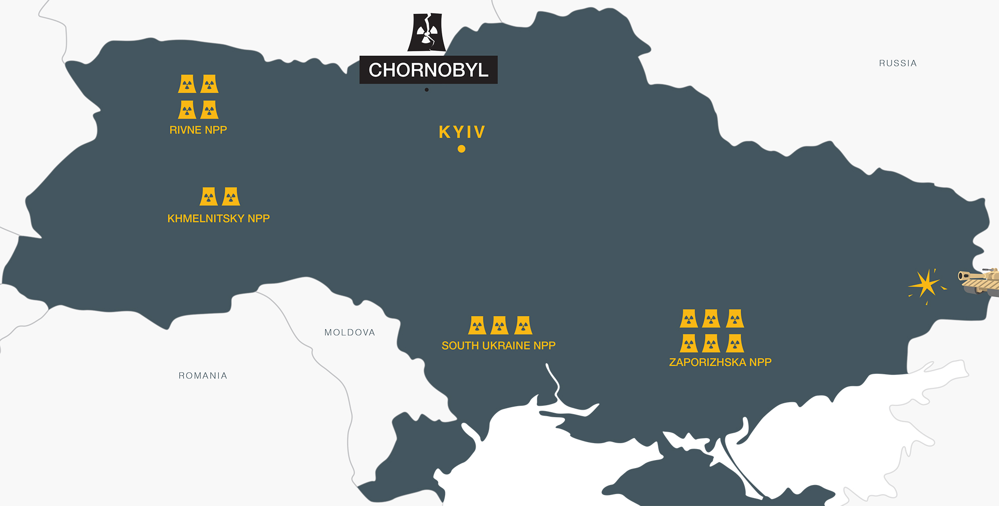 A map of Ukraine with the locations and sizes of nucelar power plants indicated.