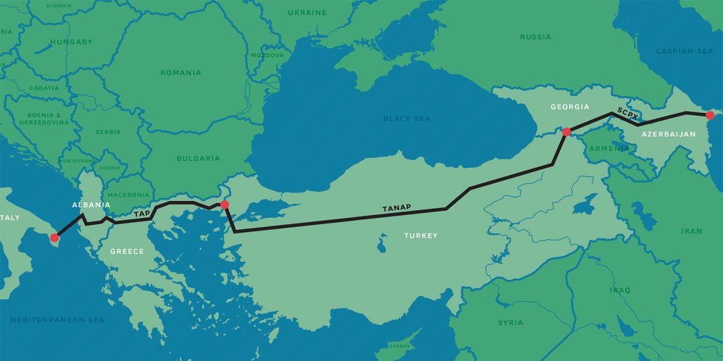 A stylised map of south-east Europe and the Caucasus that shows the route of the Southern Gas Corridor.