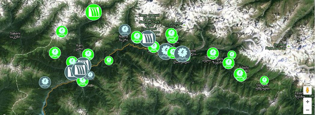 Интерактивная карта запланированных гидроэнергетических объектов в Верхней Сванетии