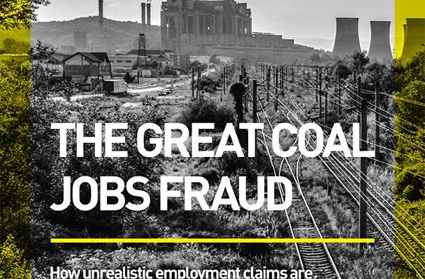 Cover of the study "The great coal jobs fraud". Image shows train tracks leading to a coal power plant in the distance.