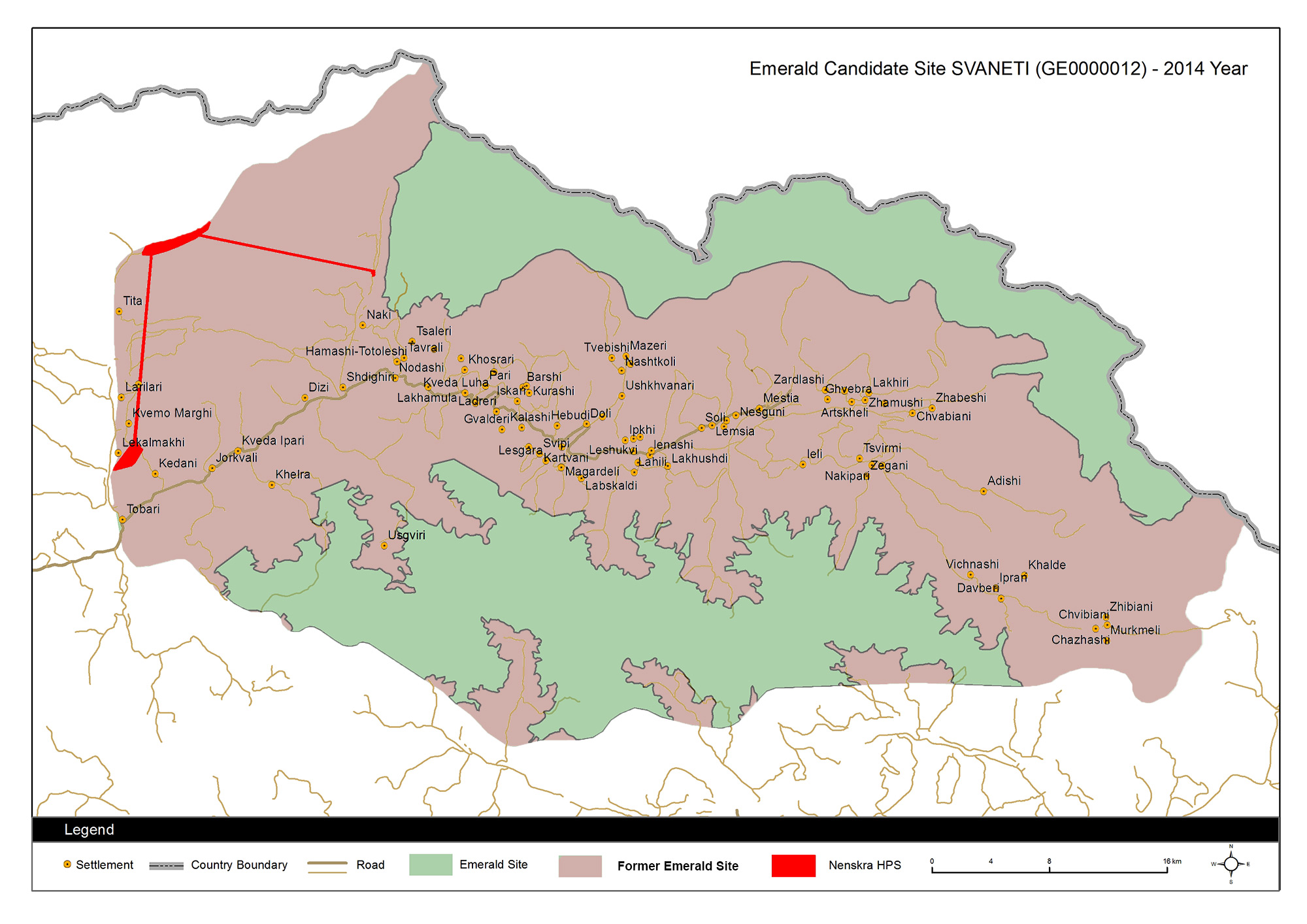 A map with a red and a green area. The large red area marks the part that has been removed by Georgia's government from the Candidate Emerald site Svaneti 1.