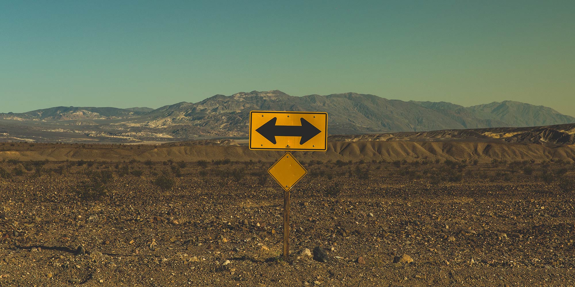 A road sign with an arrow pointing in opposite directions.