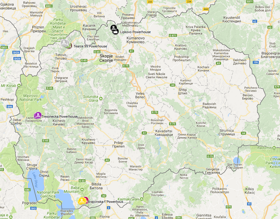 A map of Macedonia with four hydropower installations marked in different places.