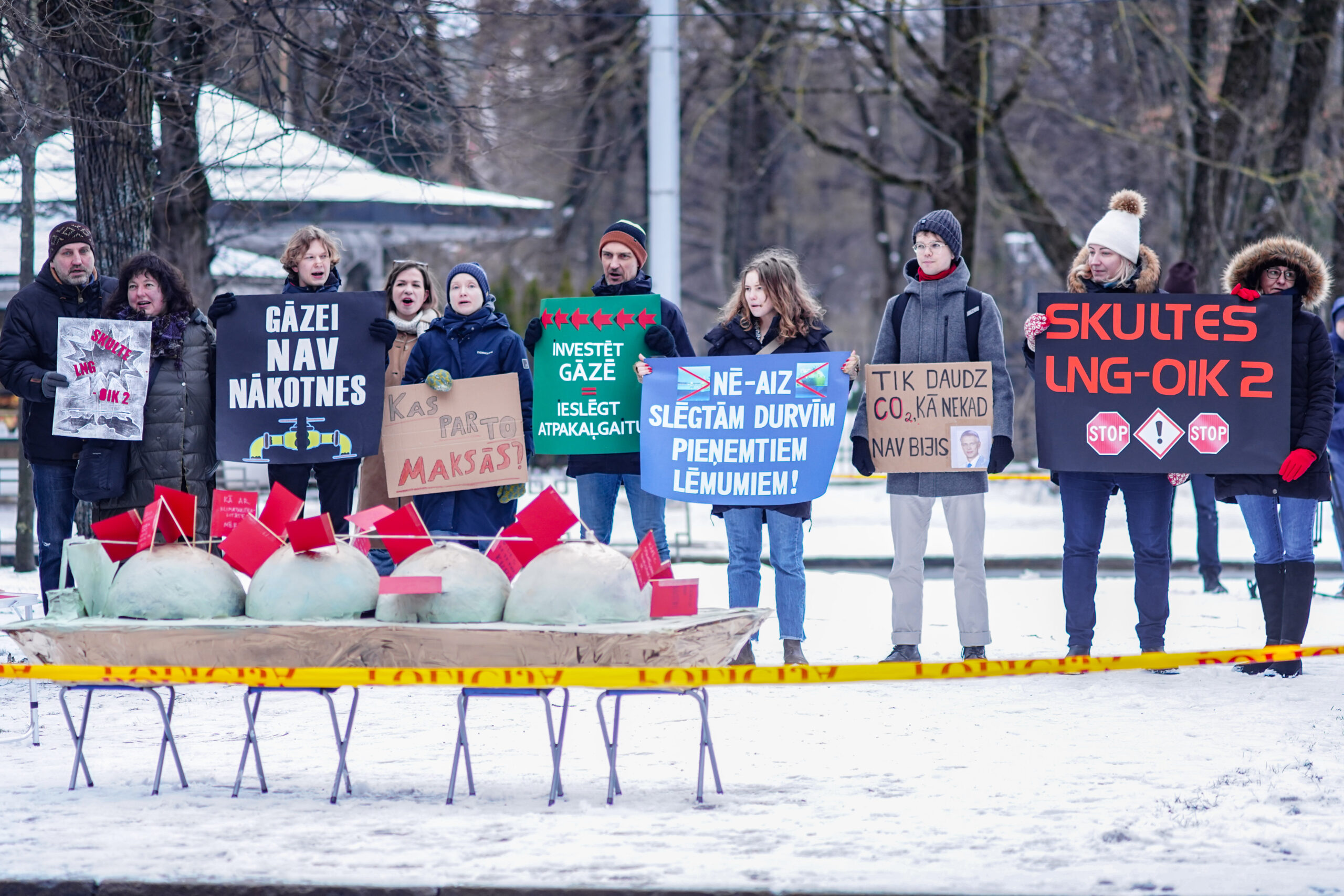 Humans protest with brightly colored signs in the snow